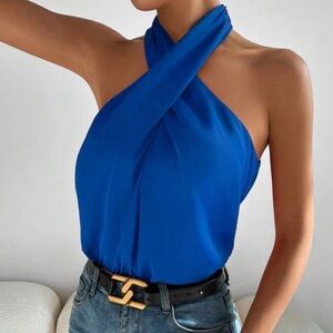 Nasty Gal Royal Blue Satin Halter Blouse